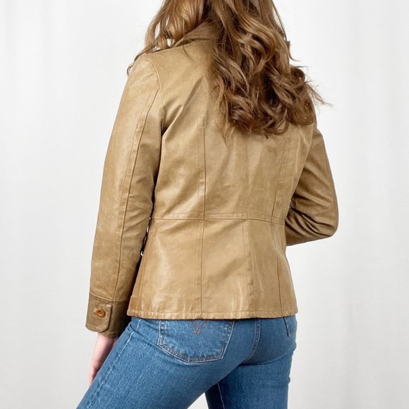 Stunning Vintage Parisian Oversized Leather Camel Tan Blazer Jacket Coat Preppy - Picture 4 of 9